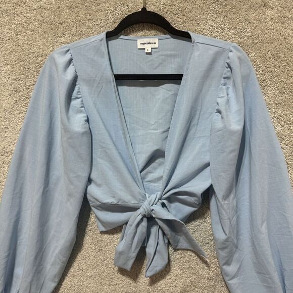 Superdown Victoria Top Women's Small‎ Blue Long Balloon Sleeve Crop Deep V Tie - Picture 4 of 13